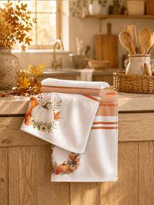 2pcs Autumn Fruit Pumpkin Wreath Pattern Kitchen Towels, Soft Polyester Material Dish Cloths, Suitable For Kitchen Decoration, Kitchen Cleaning, Holiday Party Decor, Kitchen Bathroom Supplies Home Essentials, Home Decor, Housewarming Gift - Multicolor - View 6