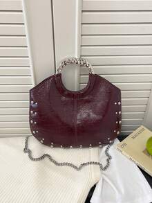 Solid Color Rivet Decoration Handbag, Minimalist And Fashionable Versatile Shoulder Crossbody Retro Armpit Bag, For Daily Commuting Use - Burgundy - View 5