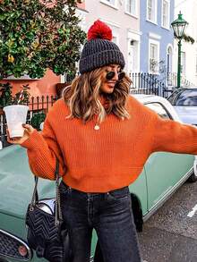 Women's Round Neck Orange Ribbed Long Sleeve Cropped Knit Top, Casual Street Style, Suitable For Autumn/Winter, Holiday Dates And Commuting, Versatile - Burnt Orange - View 2