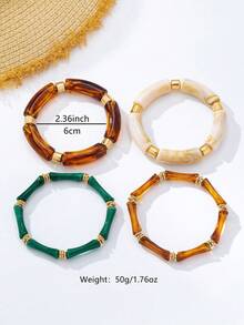 1pc American Vintage Color-Block Bamboo Knot Layered Bracelet, Transparent Gradient Acrylic Bamboo Segment Round Bead Bracelet, Suitable For Beach Vacation, Retro Outfit, Eye-Catching Denim Casual Travel, Atmospheric Accessory - Multi-color 4 - View 4