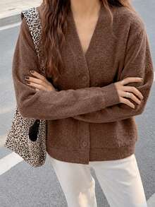 Women's Dark Brown Soft Plush V-Neck Button Cardigan, Loose Lazy Knit Jacket - Brown - View 1
