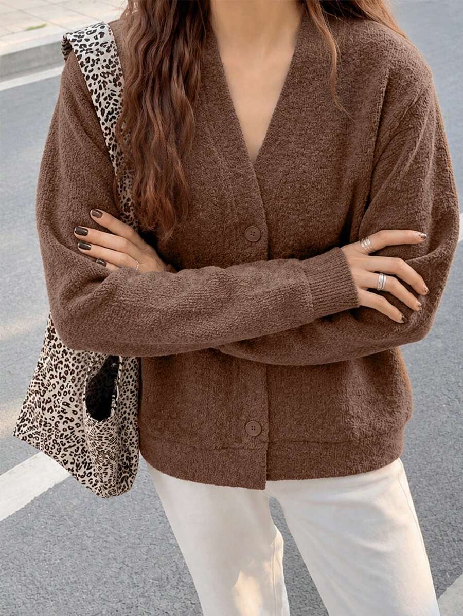 Women's Dark Brown Soft Plush V-Neck Button Cardigan, Loose Lazy Knit Jacket - Brown - View 1
