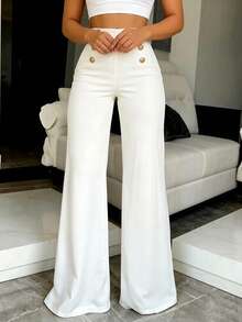 Women's Elegant Fashion Solid Color High Waist Double Row Gold Decorative Buttons Elegant Casual Long Pants - White - View 5