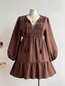Women's Plus Size Brown Hollow Lace Lace-Up Vintage Bohemian Dress, Suitable For Autumn/Winter Elegant - Brown - View 3