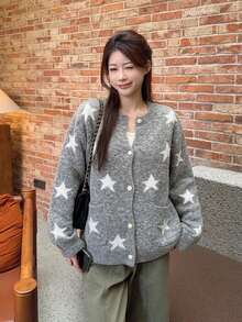 Grey Star Pattern Lapel Collar Sweater Cardigan Women's New Winter Thickened Loose Casual Knit Top - Grey - View 1