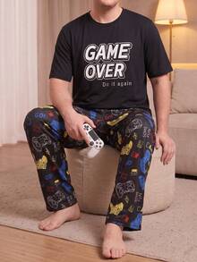 Plus Size Men's Game Controller Print Pajamas, Loose Short Sleeve Long Pants Casual Loungewear Set - Black - View 4