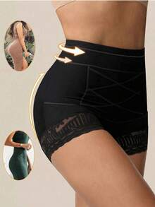 1pc Women's Cross Pressure High Waist Lace Panties, Tummy Control, Butt Lift, Breathable & Lightweight, Everyday Underwear - Black - View 7