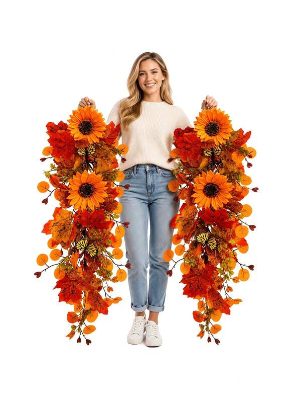 1pc Autumn Hanging Vine/Autumn Decorative Vine Wreath, Featuring Main Elements Including Orange Sunflowers, Maple Leaves, Round Autumn Leaves, Vine Branches, Green Plants, And Butterflies. Autumn Harvest Style, Halloween, Christmas Decor