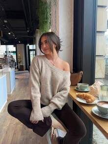 FOR BEAUTY Fall Winter Women Sweaters Elegant Casual Y2K Oatmeal Beige Off Shoulder Knit Tops Loose Fit Pullover Drop Shoulder Daily Outfits - Oat - View 4