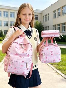 3pcs Set - Cute Bow Pattern Backpack Set For Back To School, Large Capacity Polyester School Day Bag With Lunch Bag And Pencil Case, Multi-Pocket Casual Backpack, Lightweight Bookbag, Suitable For Students/Graduates/Young People, Perfect For Back To School/Daily/Shopping/Short Trips And Outdoor Leisure Activities - 2283 - View 2