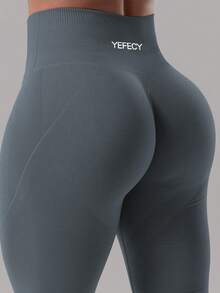 Yefecy 女款無縫中腰壓力緊身褲，高彈性收腹提臀健身瑜伽運動褲 - 深灰色 - 查看 5