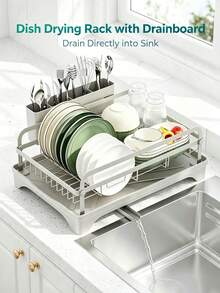1 Piece Kitchen Countertop Dish Rack, Metal Tableware Storage Rack With Drip Tray And Chopstick Holder, Household Dish Organizer. - Grey - View 8