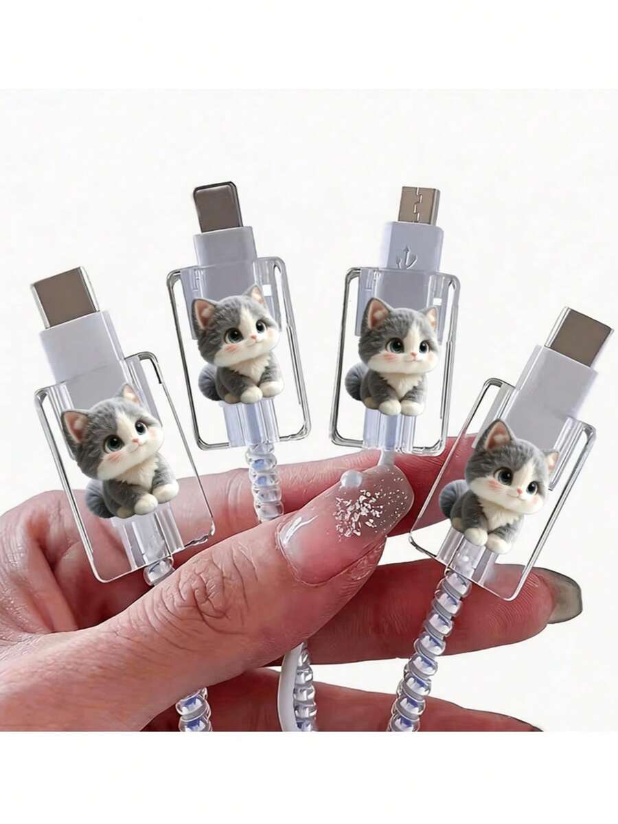 4pcs Soft Cute Gray White Milk Cat Transparent Data Cable Protector, High Transparency Anti-Fall Anti-Scratch Non-Obstructive, Hard Shell Long-Lasting Non-Yellowing Stain-Resistant, Printed Cartoon Milk Cat Protector, Compatible With Apple 18W/20W PD Fast Charging, Healing Soft Cute Digital Gift For Best Friend - 4pcs Big-eyed Grey Cat - View 1