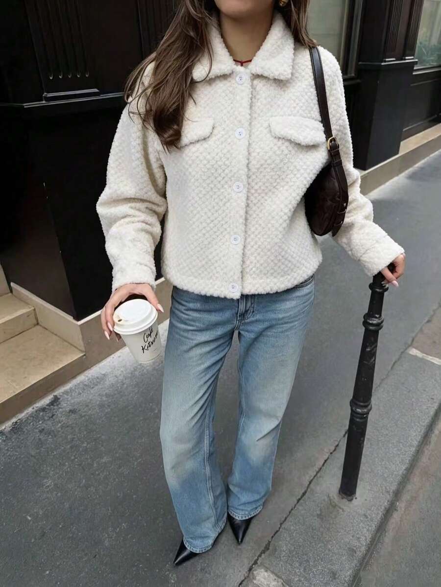 Jaket Kemeja Wanita Musim Dingin Hangat Bahan Fleece Poliester dengan Kantong, Panjang Standar, Pakaian Luar Musim Gugur - putih pucat - View 1