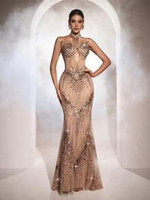 New Women's Halter Neck Sequin Embellished Bodycon Evening Gown - Apricot - View 4