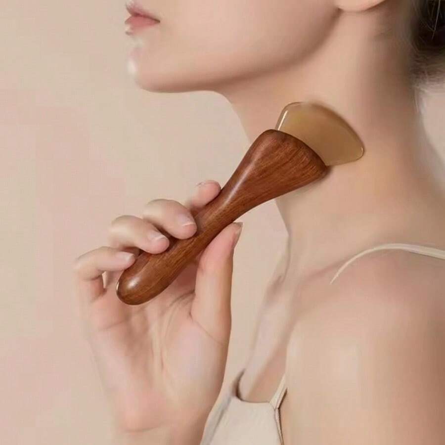 1 Set Isi 5 Buah Papan Gua Sha Tanduk dengan Pegangan Kayu Anti Selip, Alat Pijat Wajah untuk Kecantikan dan Perawatan Kulit di Rumah - View 1