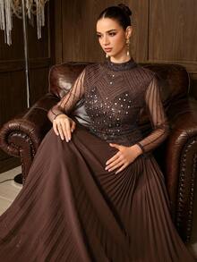 Elegant Women's Long Sleeve Stand Collar Rhinestone Pleated Maxi Dress, Suitable For Formal Evening Banquets And Balls - Coffee Brown - View 10