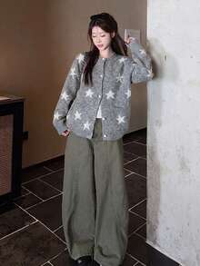 Grey Star Pattern Lapel Collar Sweater Cardigan Women's New Winter Thickened Loose Casual Knit Top - Grey - View 6