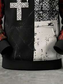 Sweatshirt Hoodie Pria Motif Kotak-kotak Patchwork Silang, Hoodie Bertali dengan Cetakan Usang Gaya Rock Vintage - MultiWarna - View 2