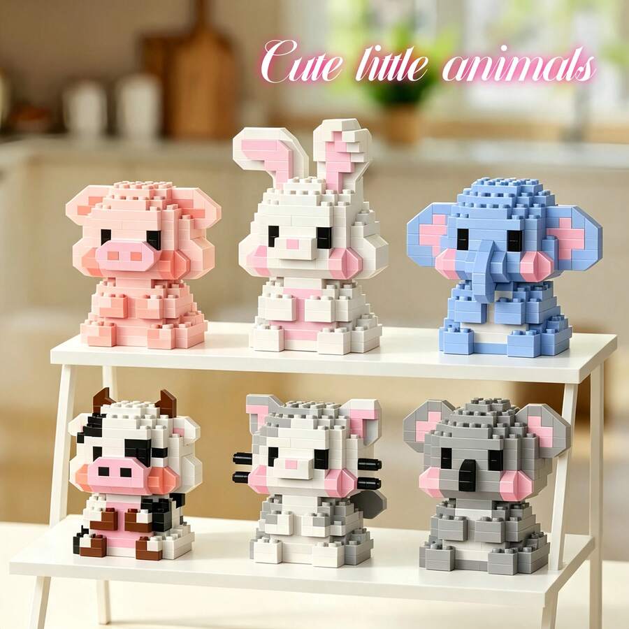 9pcs Micro Particle Cute Animal Model Building Blocks Toys, DIY Creative Shapes, Including Cow, Rabbit, Panda, Pink Pig, Suitable For 6-12 Years Old Children To Improve Hands-On Ability And Cognition, Ideal Birthday Gift For Kids - Multicolor - View 1