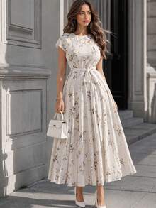 Dirp Noir Women's Elegant And Gentle Autumn White Ink Floral Midi Dress, Perfect For Parties, Dates, Vacations, Commuting, And National Day - Apricot - View 2
