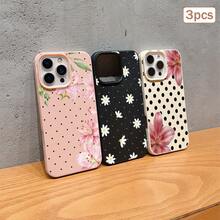 3pcs Lily Floral Lychee Texture Anti-Slip Waterproof Anti-Drop Phone Case Set, Covers, Flower Phone Case, White / Black / Pink 3-Color Faux Leather Texture Protective Cover - Multicolor - View 2