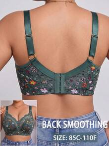 Plus Size Women's Floral Print Patchwork Wireless Bra, Breathable Non-Slip Push-Up With High Support, Seamless For Daily Wear And Various Occasions - Green - View 5