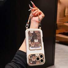 Cute Cat Stacked Pattern Lychee Texture Anti-Drop Card Holder Phone Case With Lanyard, Compatible With Apple 11, 12, 13, 14, 12 Pro Max, 13 Pro Max, 15, 15 Pro, 15 Plus, 15 Pro Max, 16, 16 Pro, 16 Plus, 16 Pro Max, 17, 17 Pro, 17 Air, 17 Pro Max And Other Phone Models, Great Gift Choice For Couples And Holidays - Brown - View 3