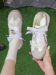 Lace Shoelaces Ballet Style Cute Pearl Bow Women's Accessories Casual Sports Shoes, Versatile Round Toe Lace-Up Colorblock Flat Shoes - Silver - View 5