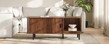 Coffee Table With Sliding Door, Modern Living Room Table With Storage Space, Rectangular Sofa Table With Slatted Look, Side Table With Open Storage Compartment For Living Room, 110 X 40 X 55 Cm - Brown - View 7