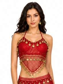 Women Halter Sequin Mesh Belly Dance Crop Top, Gold Coin Fringe Dangling Beads Performance Costume Top For Rave Festival Club Halloween, Multiple Colors Available - Multicolor - View 16