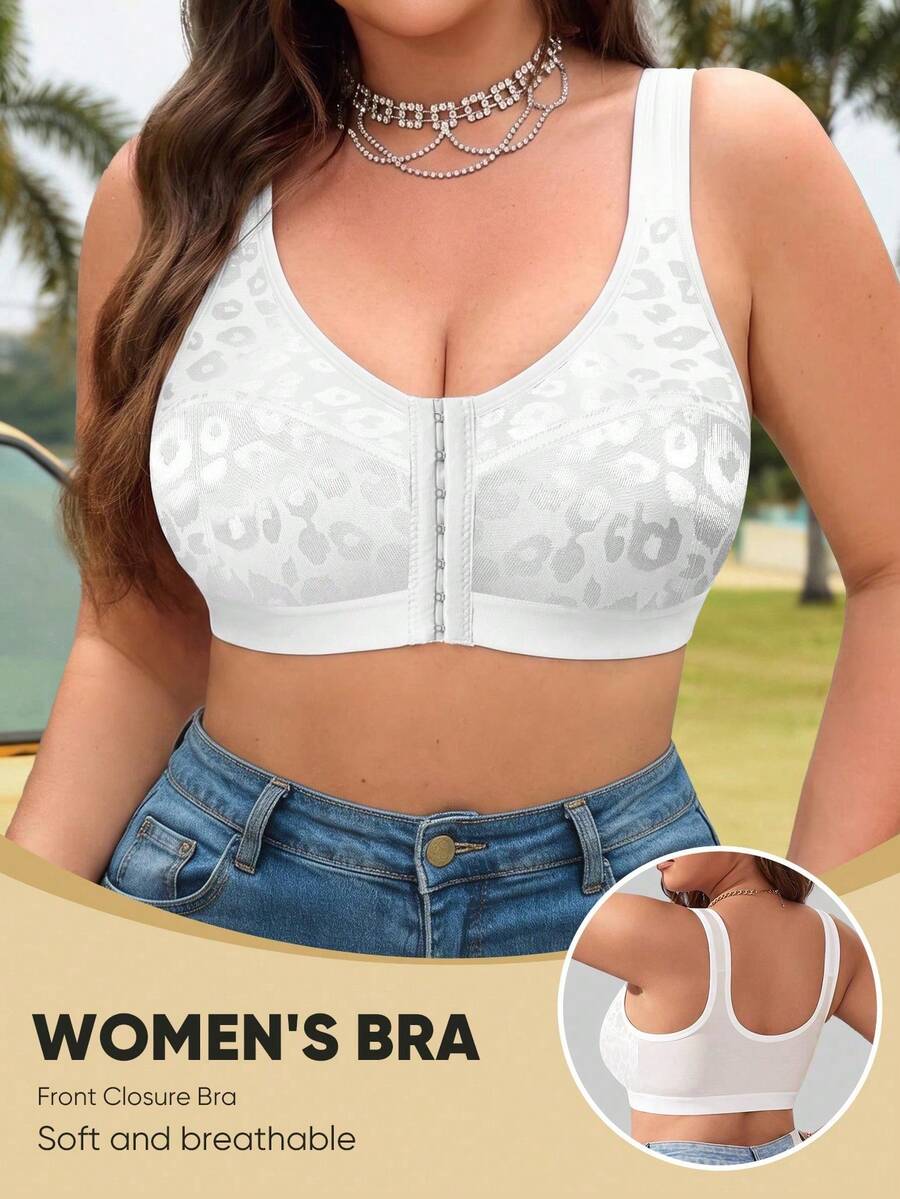 MEIYATING 1pc Plus Size Women's Front Closure Wireless Sports Bra, Supportive Push-Up Back-Flattering Leopard Print Bra, Breathable Comfortable Everyday Wear