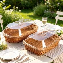 1pc Woven Rattan-Style Basket With Transparent Dust Cover, Multi-Functional Food Display Tray For Bread, Fruit, Pastries, Suitable For Kitchen, Restaurant, Bakery, Summer Picnic, Home Kitchen Decor - Multicolor - View 3