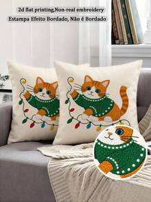 shangxia 2PCS--Christmas Colorful Lights Orange Kitten Pattern Printed Pillowcase, Winter Living Room Sofa Cushion, (No Pillow Insert)--(No Pillow Insert)---(Multiple Sizes)---(No Embroidery)---(Single-Sided Print) - Multicolor - View 5