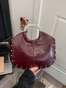 Solid Color Rivet Decoration Handbag, Minimalist And Fashionable Versatile Shoulder Crossbody Retro Armpit Bag, For Daily Commuting Use - Burgundy - View 2