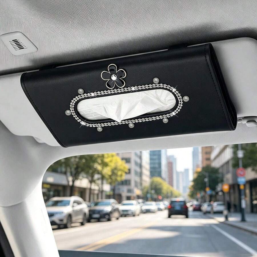 New Creative Shiny Floral Pattern Car Sun Visor Tissue Box PU Leather Rhinestone Car Tissue Holder Interior Accessory Decoration For Women