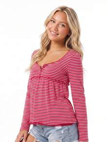 Women's Striped Babydoll Tops Long Sleeve Scoop Neck Fall Shirts - Burgundy - View 4