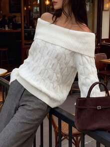 Pullover Wanita Putih Minimalis Modis Model Off-Shoulder Lengan Panjang Bergaris, Sweater Kasual Harian untuk Perjalanan, Liburan, Pesta, Kencan, Musim Gugur Musim Dingin - Putih - View 5