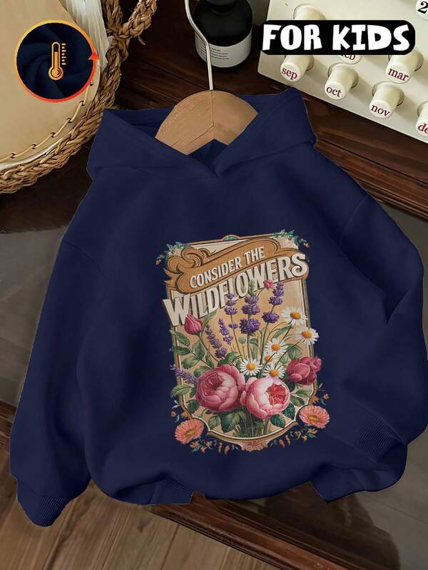 Kids Hooded Pullover, Vintage Wildflowers Art Graphic Hoodie, Soft Warm Long Sleeve Casual Children Top