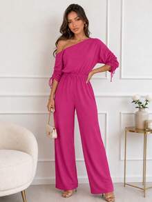 Women's Oblique Neck Drawstring Cuff Elastic Waist Loose Wide Leg Jumpsuit, Casual Elegant Suitable For Daily, Office, Party Wear Summer - Hot Pink - View 5