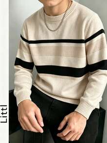 Boys Beige Color Block Striped Crew Neck Knit Sweater, Casual Long Sleeve Knit Pullover, Autumn/Winter Children's Warm Top - Apricot - View 2