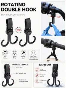 3-Piece Bicycle Handlebar Accessories, 360° Rotating Rearview Mirror, 360° Rotating Bicycle Rearview Mirror & Double Hook Set, Adjustable Handlebar Rearview Mirror With Storage Hook, Suitable For Bicycle, Electric Bicycle, Scooter, Cycling And Outdoor Accessories - Multicolor - View 5