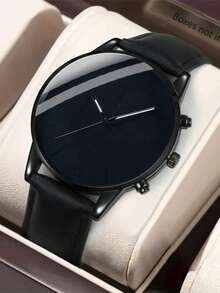 2pcs Minimalist Men's Quartz Watch And Her King Engraved Chain Bracelet Set, Pure Black Dial Leather Strap Watch, Men's Daily Decorative Jewelry - Multicolor - View 6