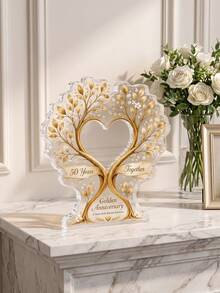 1pc Custom Text Heart Family Tree Acrylic Plaque,Personalized Golden Anniversary Tabletop Keepsake Sign,Love Tree Decor For Couples Parents 50th Wedding Anniversary Commemorative Home Gift - Multicolor - View 6