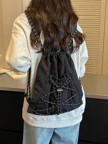 Tas Serut Hitam, Ransel Serut Multifungsi Kapasitas Besar, Gaya Olahraga Modis, Cocok Untuk Sekolah, Bepergian, Penggunaan Kasual Sehari-hari, Desain Lucu - Hitam - View 2