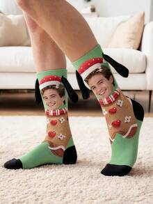 Custom Face Crew Socks Gingerbread Christmas Pattern Personalized Photo Print Novelty Festive Socks With Detachable Dog Ear Decorations Creative - Multicolor - View 3