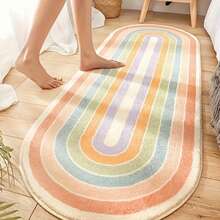 1pc Rainbow Striped Oval Bedroom Rug, Soft Fluffy Faux Cashmere Bedside Mat, Non-Slip Washable Long Floor Carpet, Suitable For Bedroom, Living Room, Dorm, Minimalist Home Decor - Multicolor - View 6