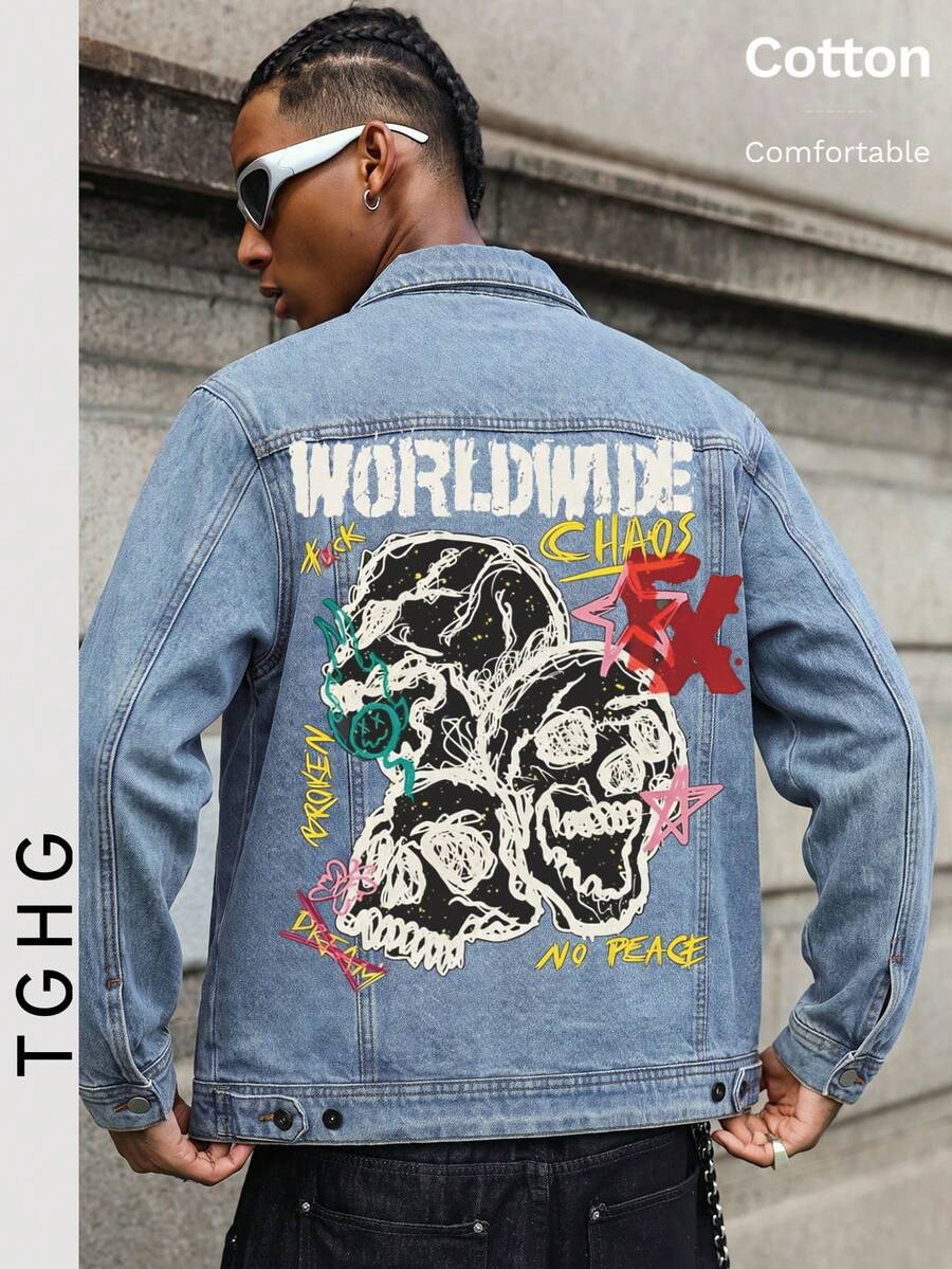 Direct Spray Y2K Light Blue Denim Jacket, Back Decorated With Skull Pattern And "WORLDWIDE CHAOS" Graffiti Print - Light Denim Blue - View 1
