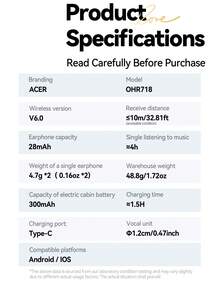 Acer OHR718 新款無線藍牙耳機,耳罩式設計,防止耳機掉落,佩戴舒適,提供立體聲音質,兼容 iOS/Android 系統,實現流暢無延遲的影音遊戲體驗 - 查看 12