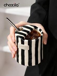 choxila 1pc Vintage Striped Hand-Painted Ceramic Mug, Creative Dual-Purpose Cup, Office Coffee Cup, Suitable For Breakfast And Afternoon Tea - Striped Ceramic Cup - View 5